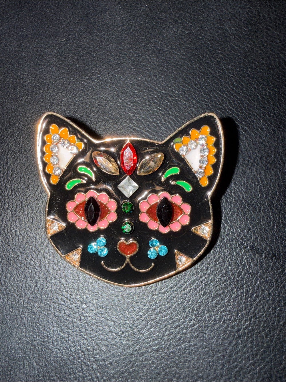 Black Enamel Cat Brooch with Multicolor Gem Accents
